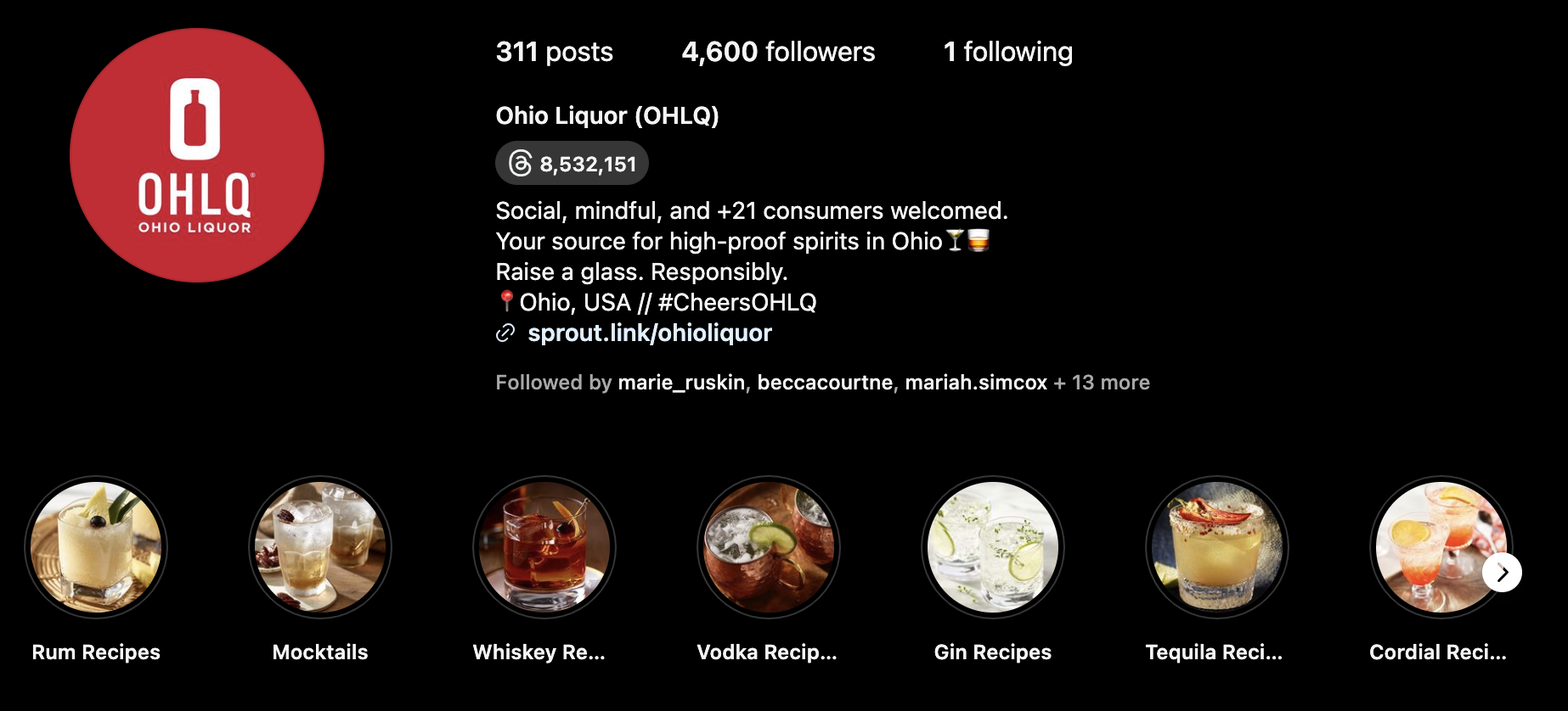 OHLQ Instagram profile with recipe highlight categories