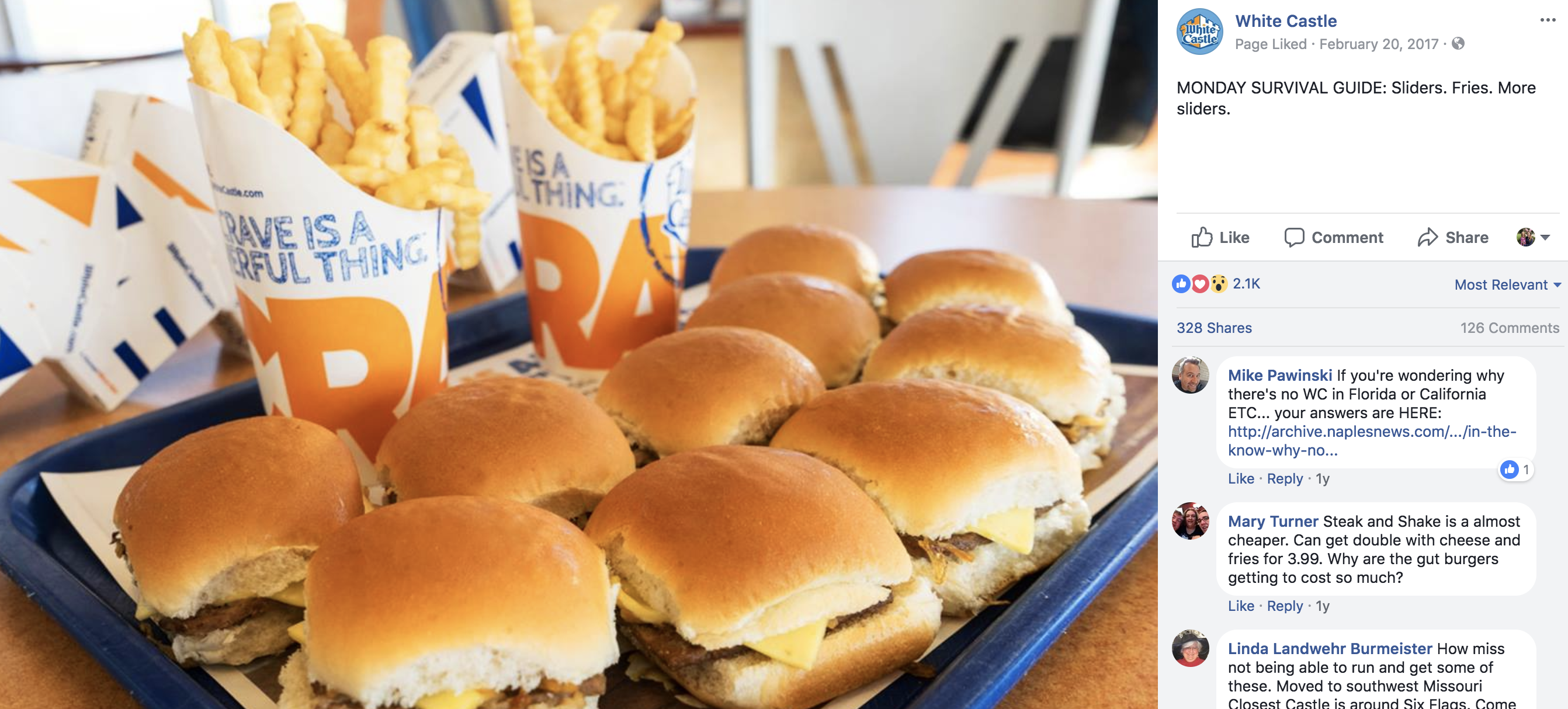 White Castle Facebook post with high engagement from fans