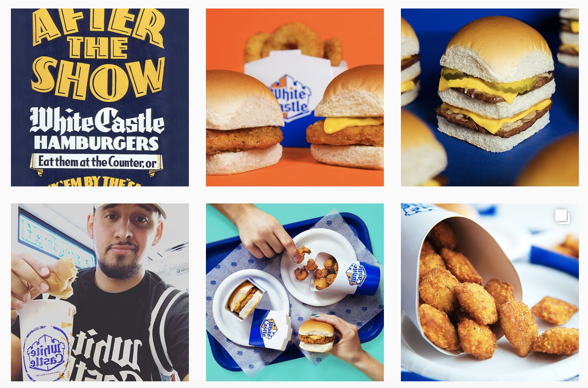 White Castle Instagram grid featuring throwback ads and product photography